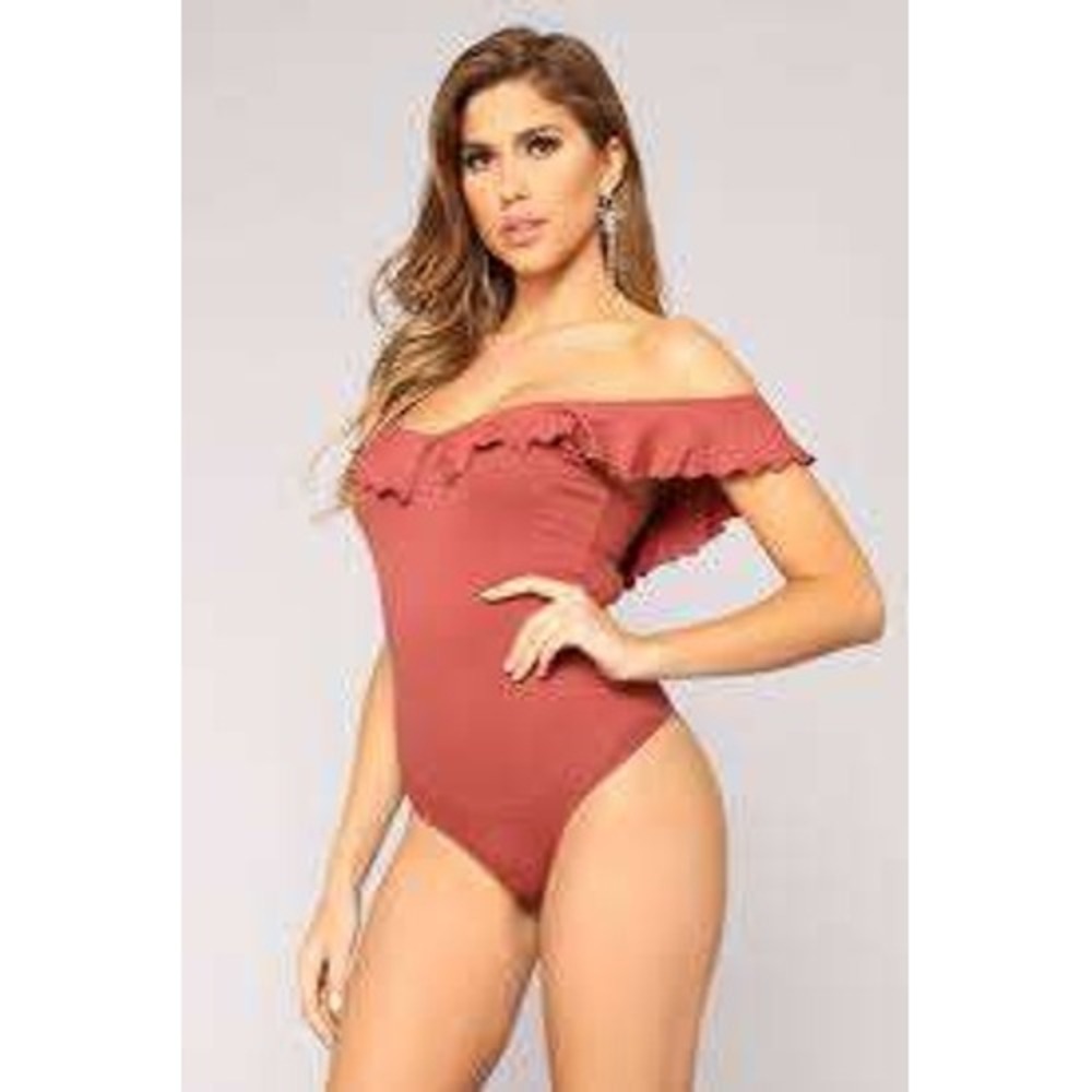 Express Body Women Ruffle Off The Shoulder Bodysuit Rust Terracotta XL